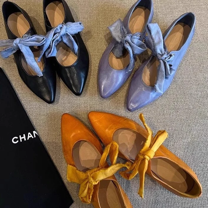 法式时尚气质玛丽珍鞋复古文艺擦色尖头系带蝴蝶结浅口粗跟单鞋女