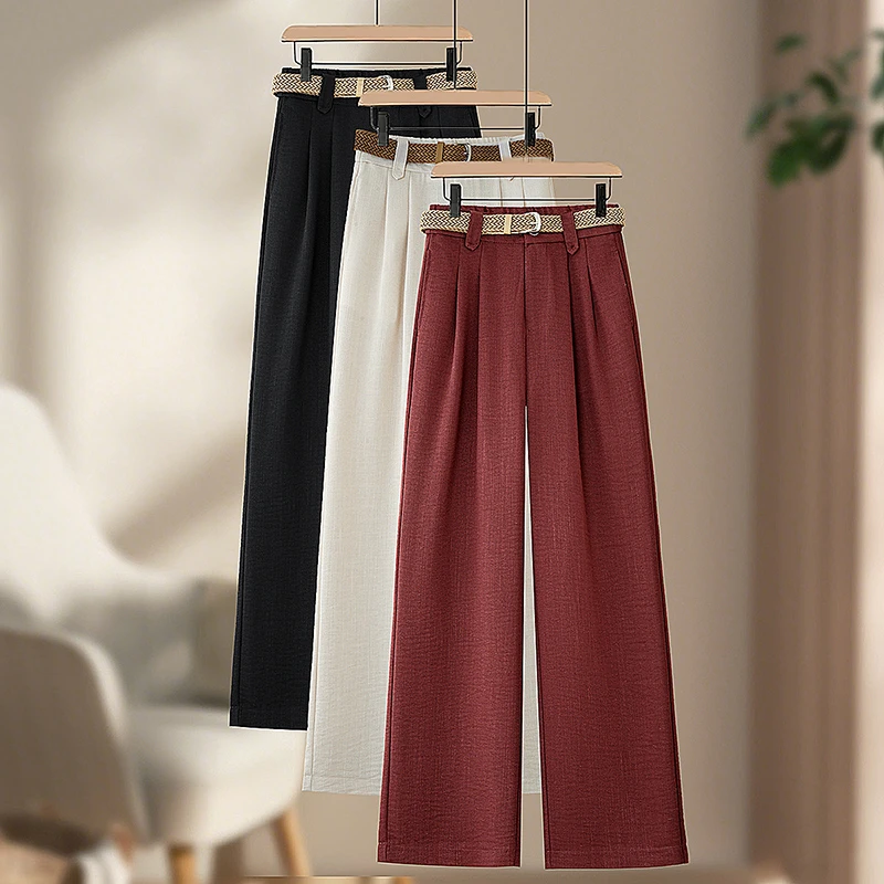 2025夏新天丝压麻流行时尚潮牌女装阔腿裤高腰休闲裤子纯白色8958