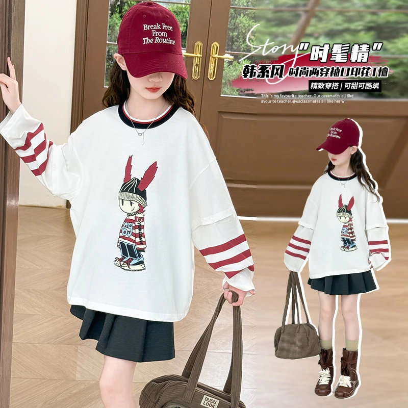 女童2025秋季新款两穿印花条纹T恤中大童洋气甜美少女百搭休闲搭