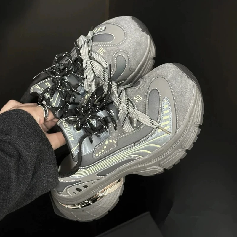 llgl2025年春季新款复古双色拼接系带5公分休闲运动老爹鞋百搭