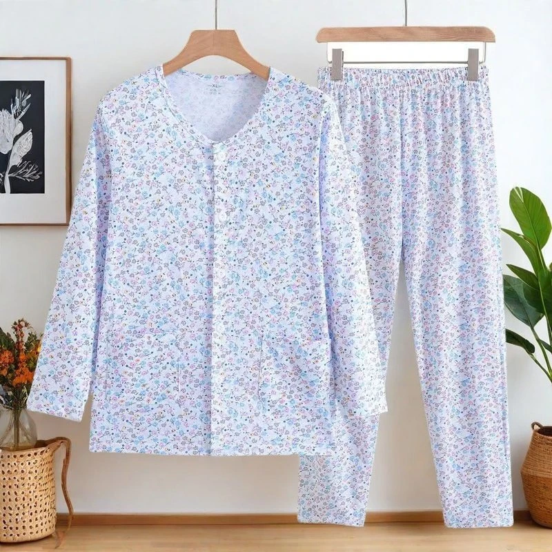 100%纯棉女士开衫系扣长袖秋衣长裤老年人前开扣秋衣加肥妈妈套装