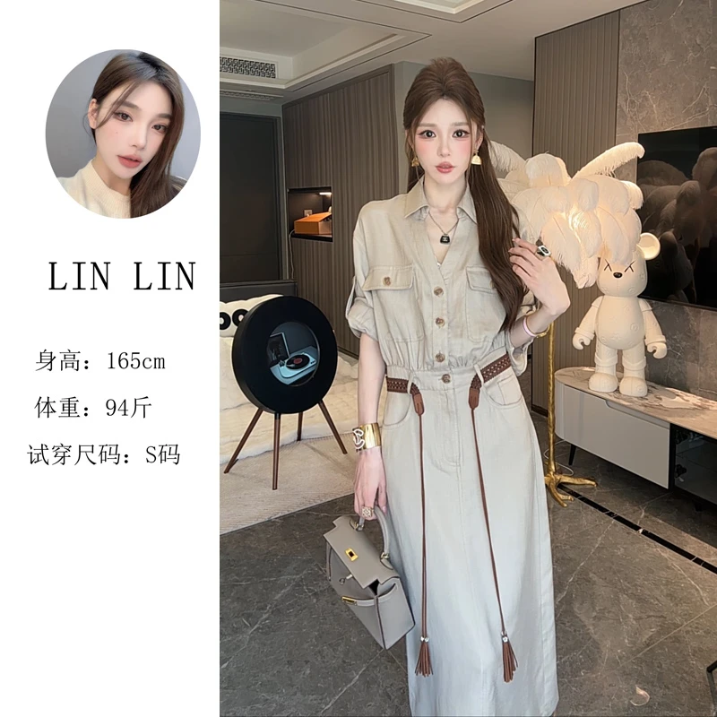 【FANFAN】法式复古V领连衣裙女装夏季新款收腰显瘦开叉A字裙2820