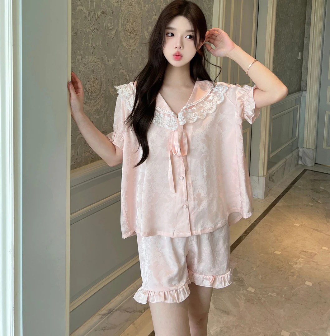 2025年新款夏季睡衣女轻奢高级感冰丝提花薄款短袖短裤家居服套装