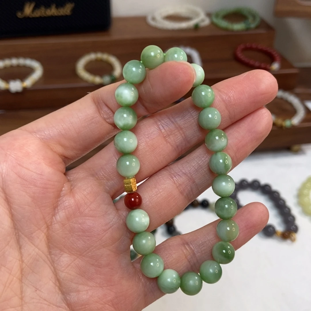 和田玉18K金镶嵌手链8mm黑阳洞碧玉粉青猫