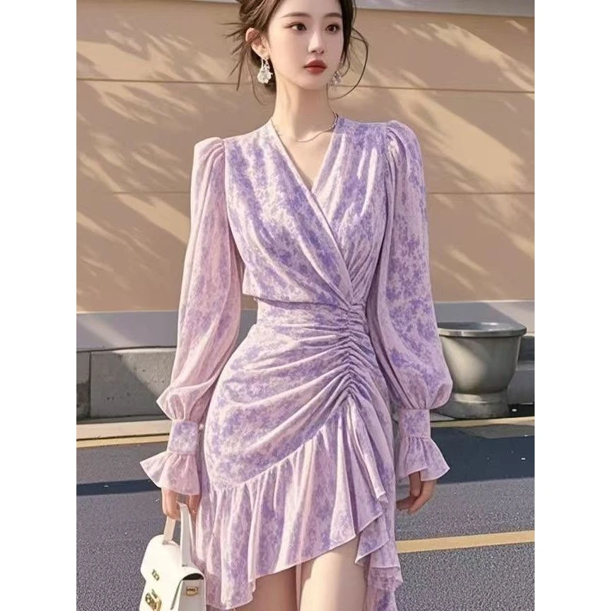 法式高级感独特不规则下摆裙2025新款收腰连衣裙紫色碎花长袖裙子