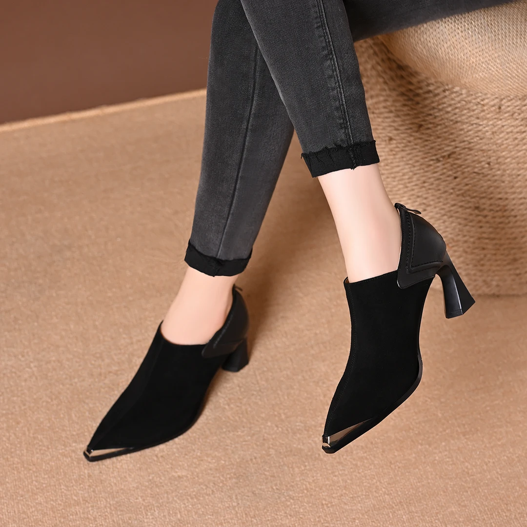 法式磨砂金属头高跟鞋女春秋季新款粗跟百搭小皮鞋深口单鞋女