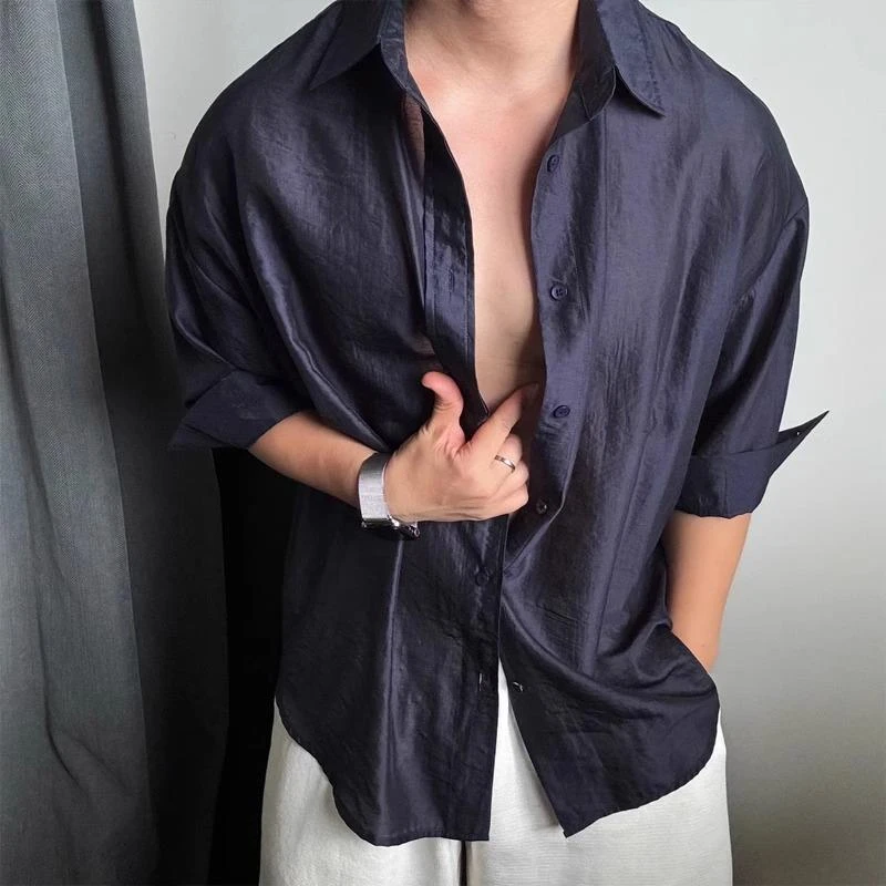 藏青色亚麻长袖衬衫男士夏季薄款透气老钱风穿搭宽松防晒衬衣外套
