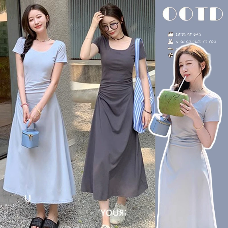 2025新款孕妇夏季方领时尚法式显瘦气质连衣裙温柔设计感长裙