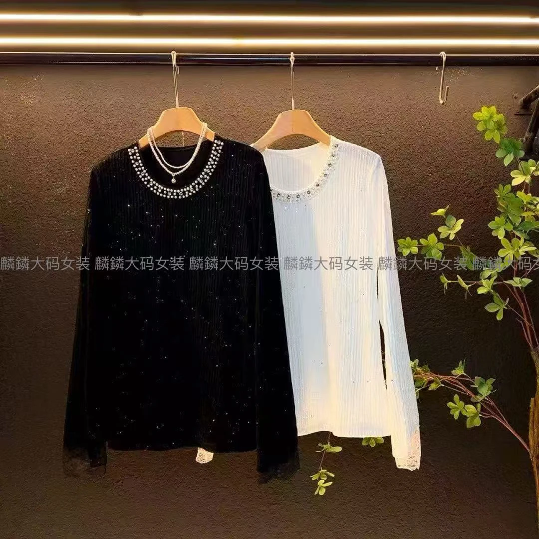 新款2025大码春季重工圆领欧货拼接蕾丝袖上衣女遮肉打底衫/8003