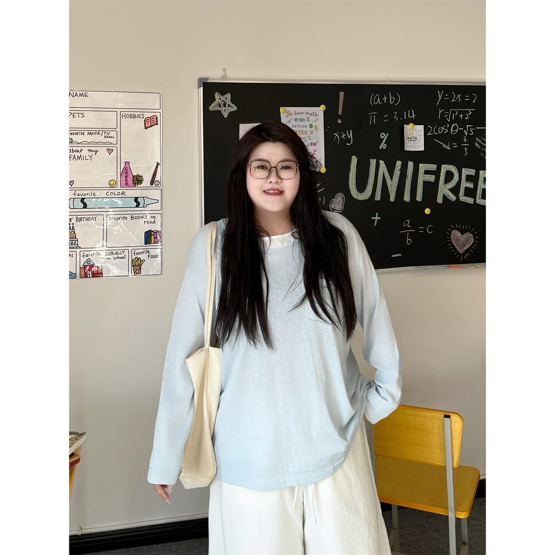 大码女装百搭花契200斤胖mm慵懒松弛感宽松假两件打底衫8943-X