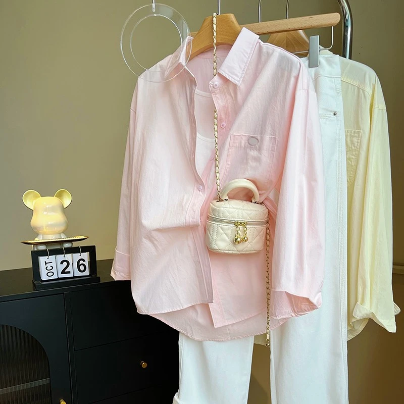 韩版纯色长袖衬衫女夏季2025新款多巴胺宽松休闲刺绣小字母衬衣潮