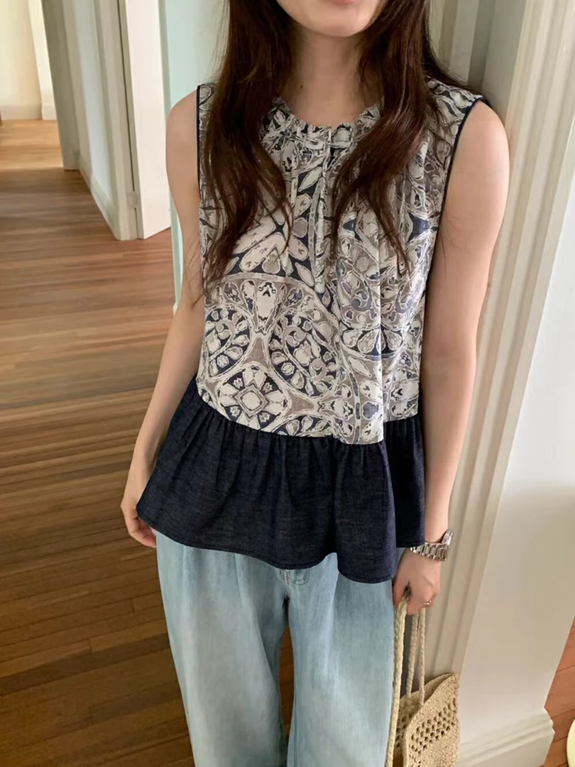 【NO退NO换】法式复古印花无袖背心小衫9310（衣长58）