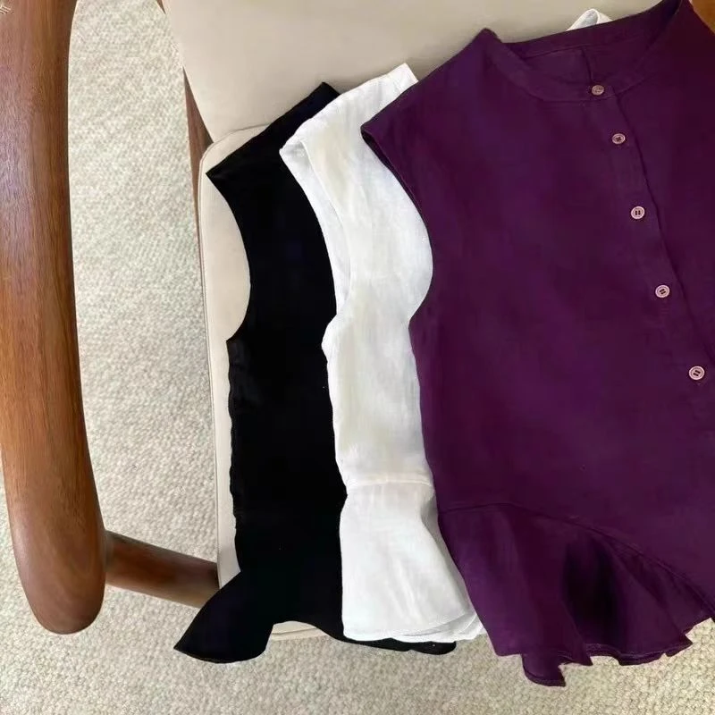 无袖背心衬衫上衣女夏季新款法式荷叶边时尚圆领洋气百搭显瘦上衣