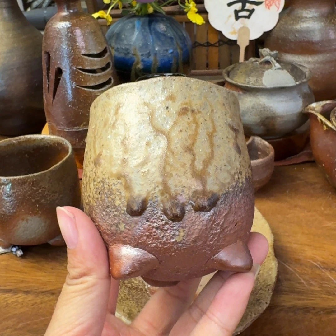 青***墨末石泰节备前烧三足杯福利一口价