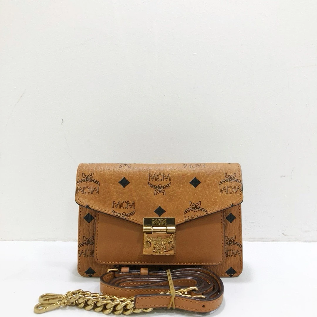 95新 MCM 干邑色全皮logo链条包
