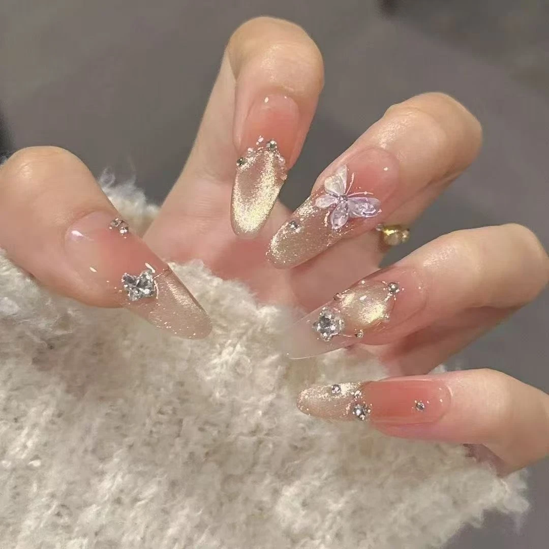 香槟蝴蝶穿戴甲中短款金光新款气质高级爆闪蝴蝶猫眼假指甲贴片