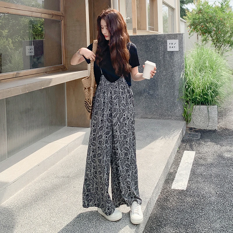 韩系黑色短袖提花背带裤套装女2025夏季新款慵懒感遮肉显瘦两件套