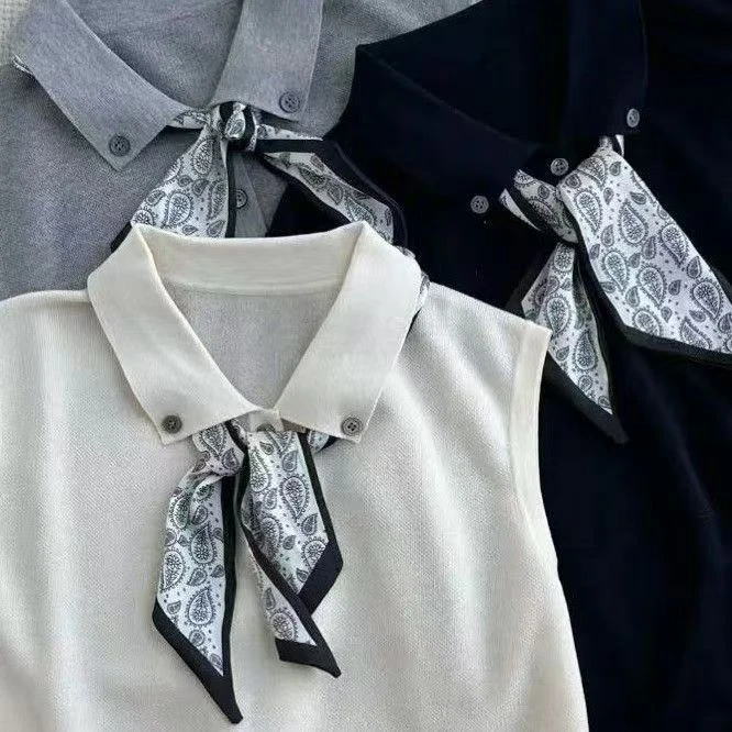 带丝巾无袖POLO翻领冰丝针织背心女2025新款气质休闲马甲上衣T恤