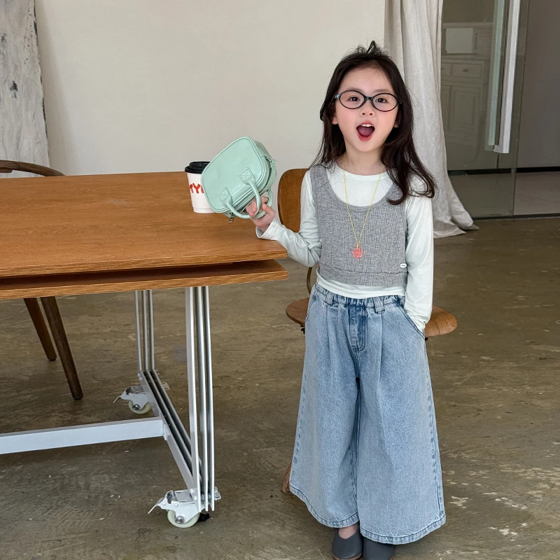 7家童装女童裤子2025春装新款儿童韩版洋气阔腿牛仔裤女宝宝长裤