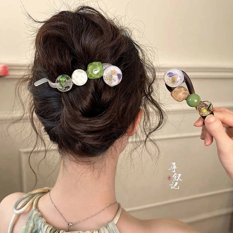 优雅简约珠珠一字扭扭夹女2025新款高级感后脑勺气质盘发夹子头饰