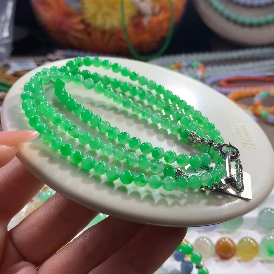 翡翠未镶嵌手链木那冰甜绿飘阳绿花项链卡4.68