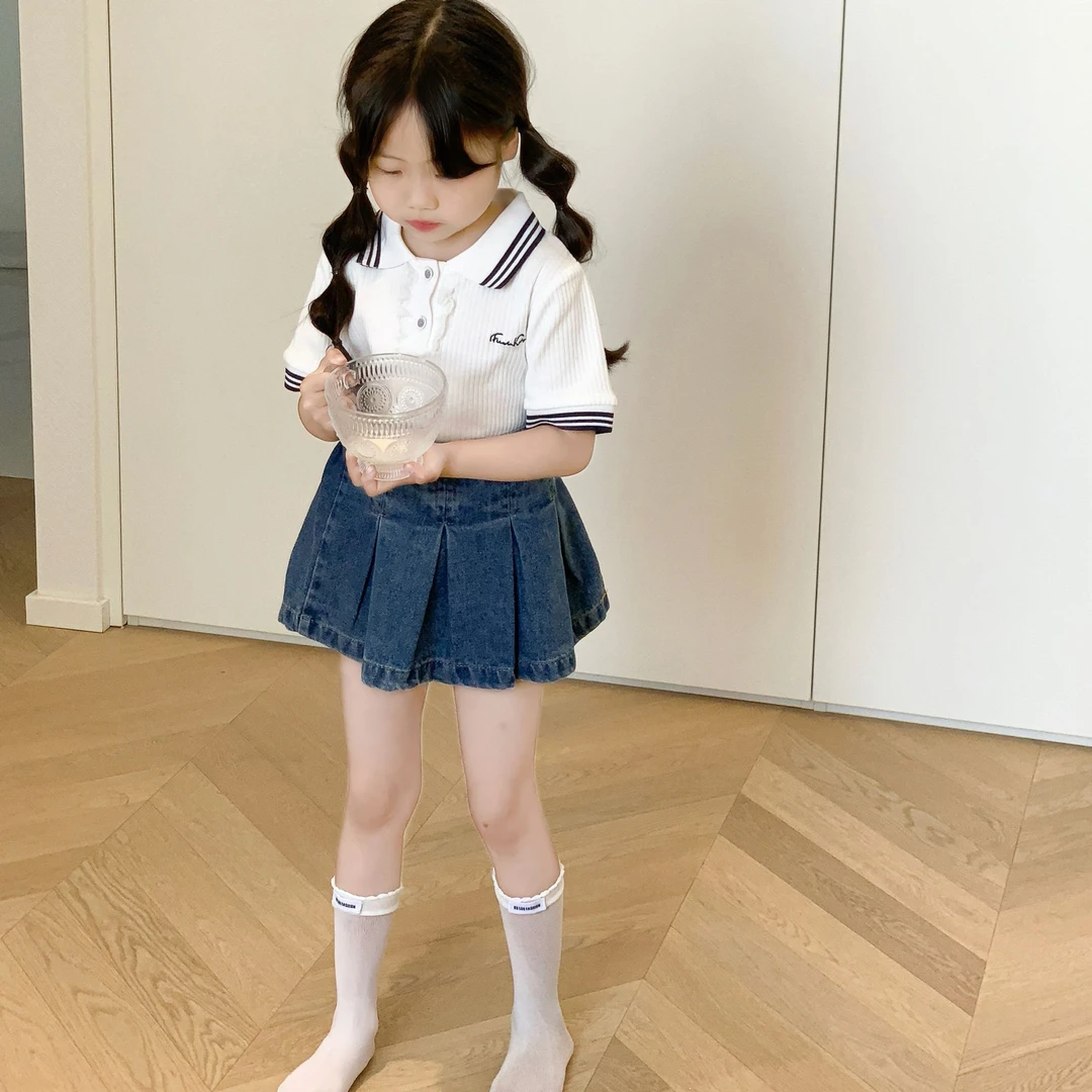 壹妈韩版女童2025夏季新款洋气学院风翻领上衣百褶牛仔短裙套装