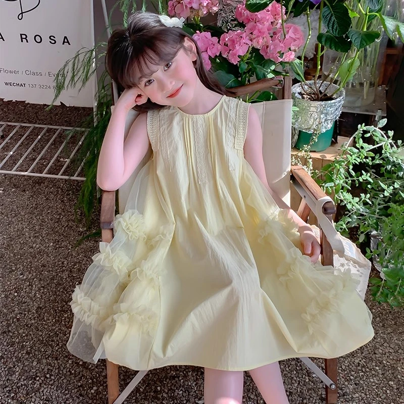 女童装夏季时髦洋气连衣裙中大儿童女孩黄色无袖花边拼接公主裙子