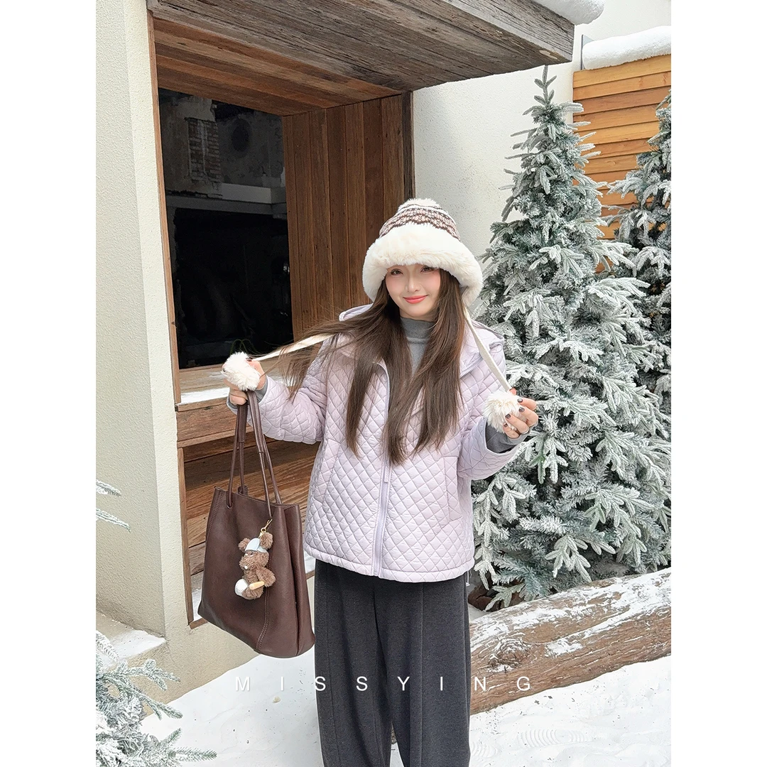 应小姐【芋泥奶芙】微胖大码冬季显瘦韩版保暖加厚宽松菱格连帽棉服