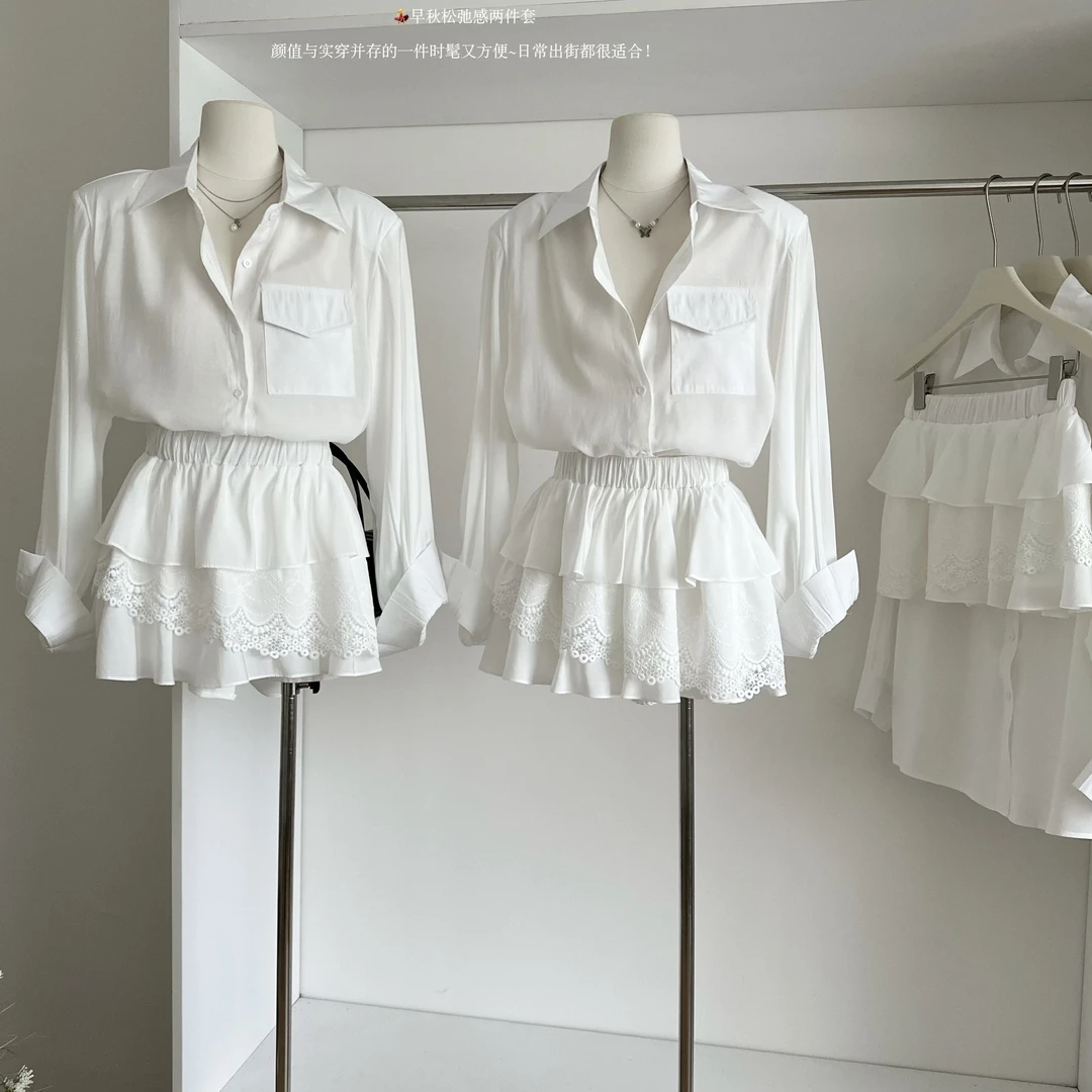 2025早秋新款气质显瘦蕾丝拼接设计感衬衫+短裙两件套