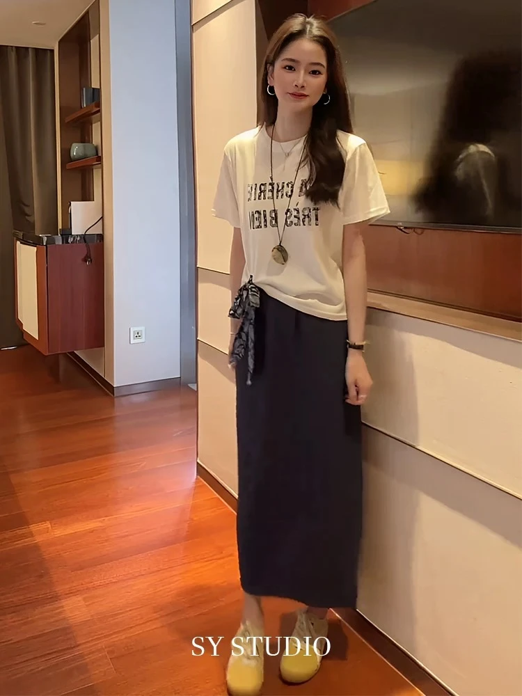 一整套ootd穿搭套装韩系字母印花配丝巾短袖T恤中长款半裙两件套