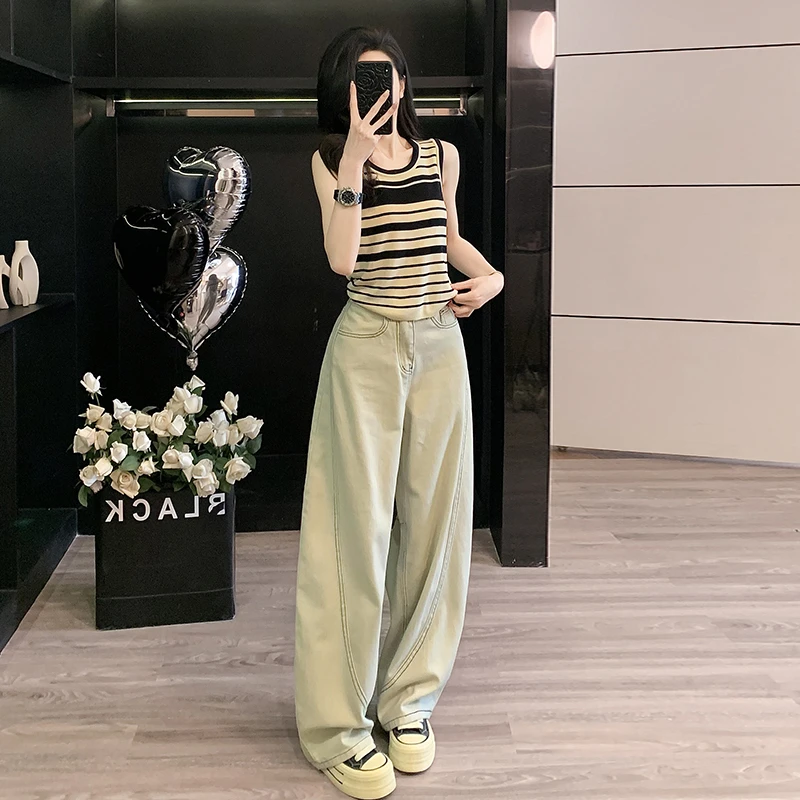 夏装搭配一整套2025新款修身条纹T恤背心无袖上衣牛仔裤两件套装
