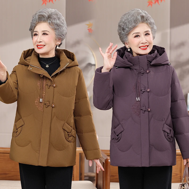 中老年人妈妈装冬季连帽羽绒服女奶奶装盘扣国风加厚保暖洋气外套