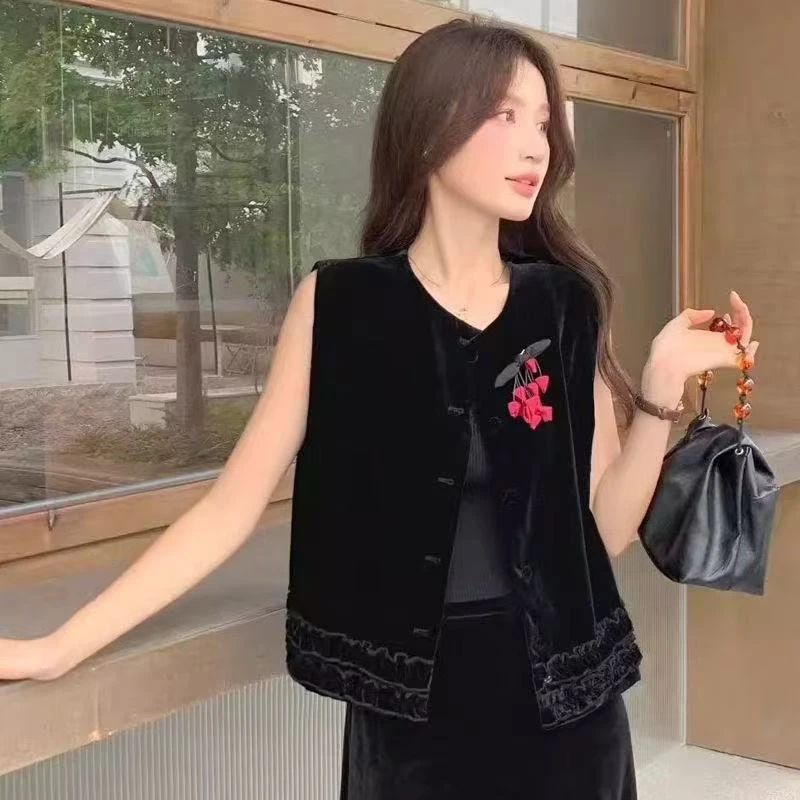 早秋新款丝绒新中式马夹女单排扣宽松型法式休闲马夹马夹秋季女装