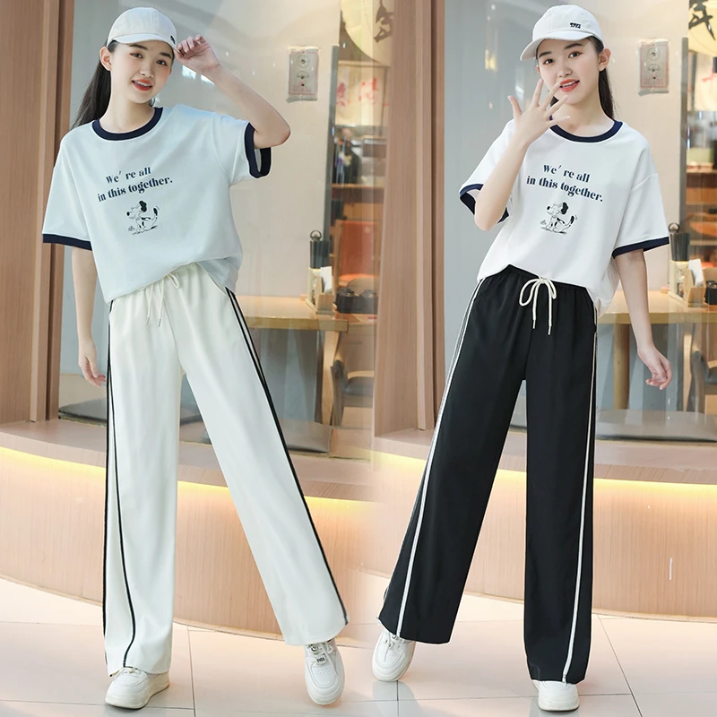 女童夏季穿搭2025新款青少年初高中生女孩时尚洋气字母短袖休闲裤