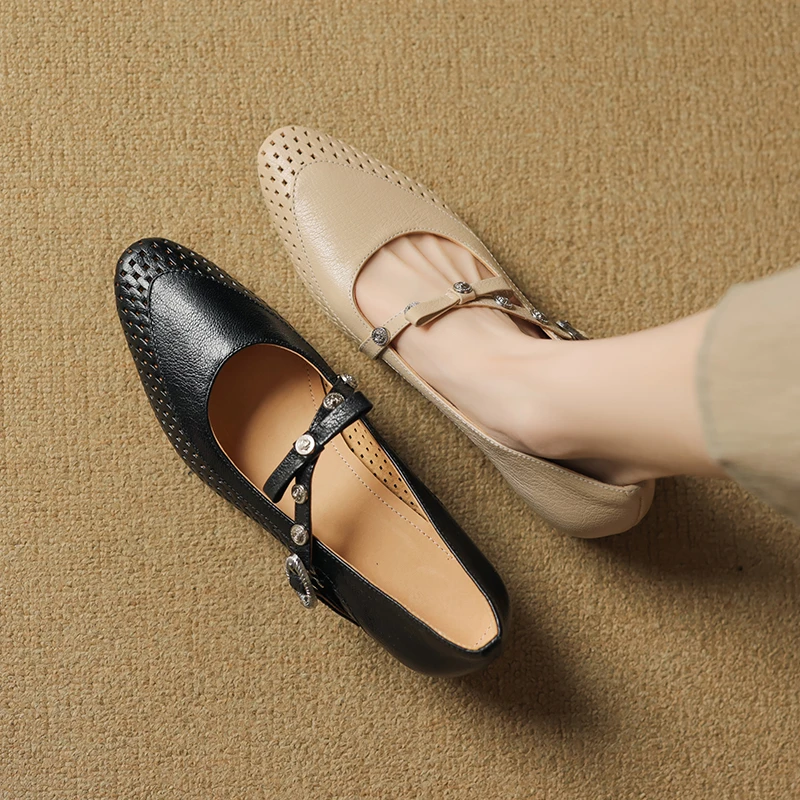 3CM，羊皮软底单鞋粗跟镂空法式休闲鞋软皮奶奶鞋黑色羊皮粗跟单鞋