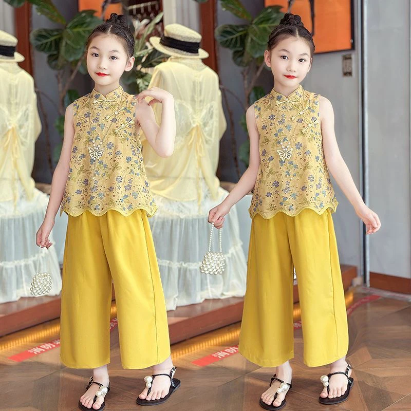 女童中式无袖汉服套装夏季国风新款中大童两件套阔腿裤潮