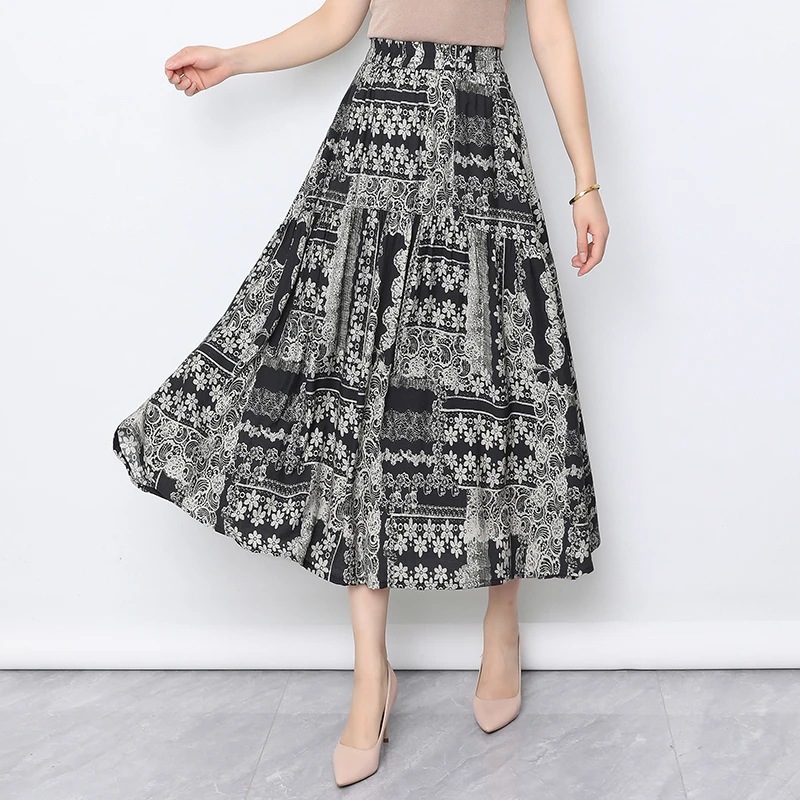 复古印花半身裙女棉麻大摆裙夏季薄款2025新款高腰a字伞裙休闲裙