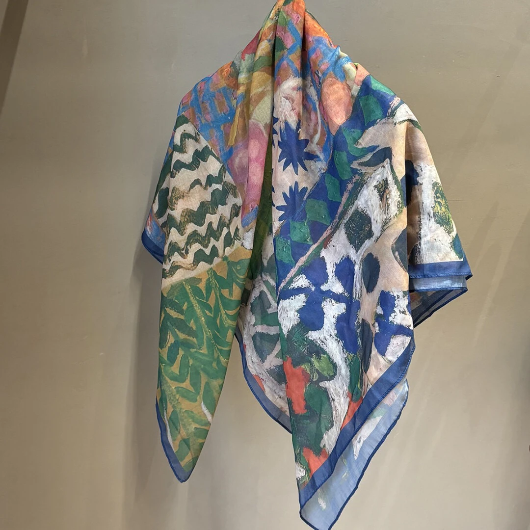 夏季110x110沙滩巾时尚森系文艺民族风丝巾法式复古四季护颈围巾