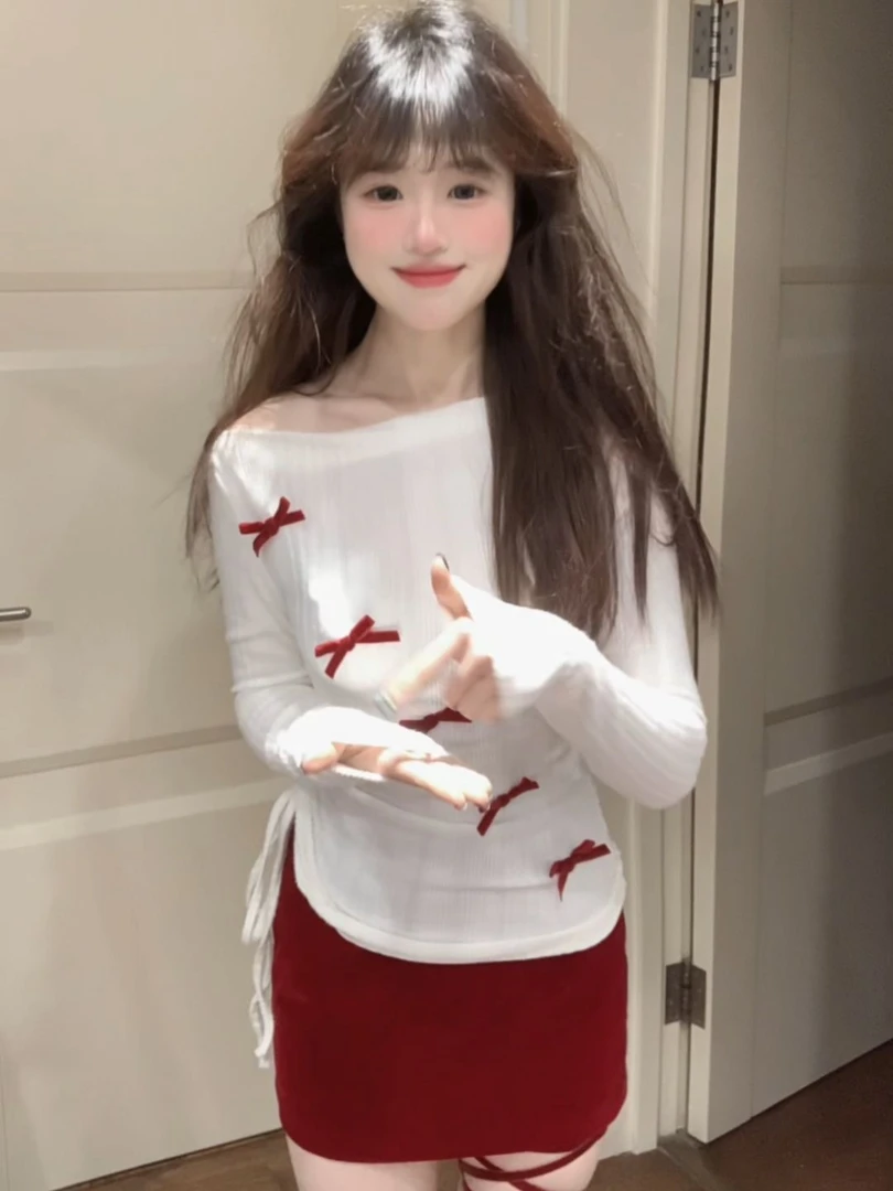 美式时尚高级氛围感穿搭针织打底衫女早春风小个子蝴蝶结点缀上衣