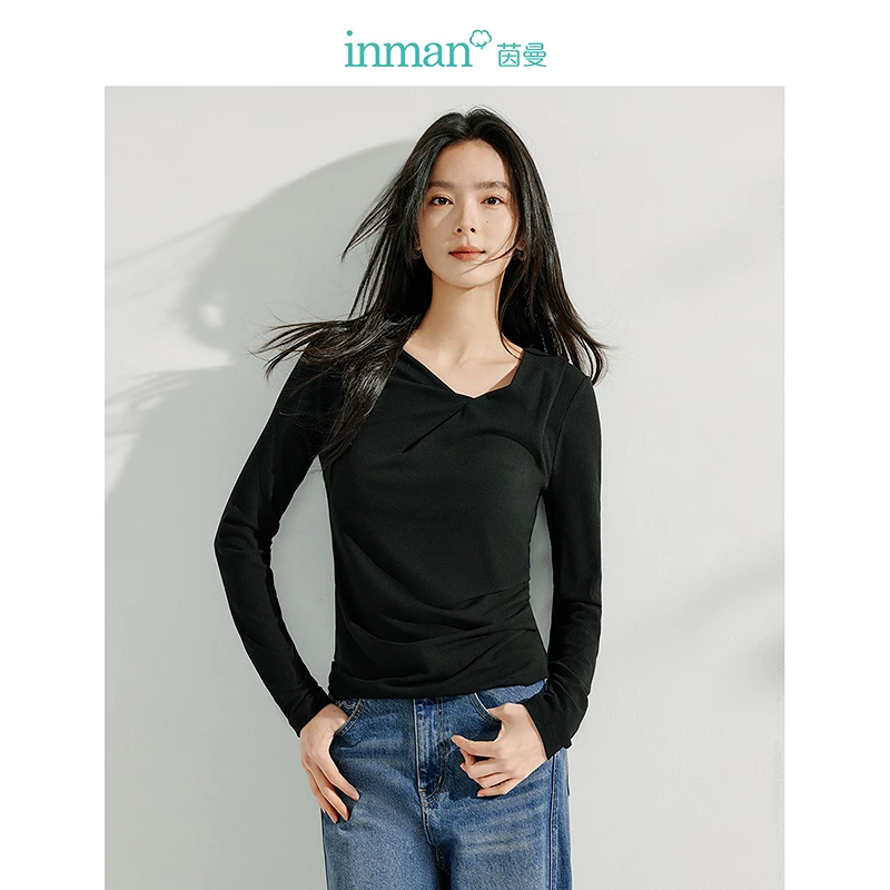 【商场同款】茵曼不规则扭结领T恤2025秋季新款宽松百搭长袖上衣女
