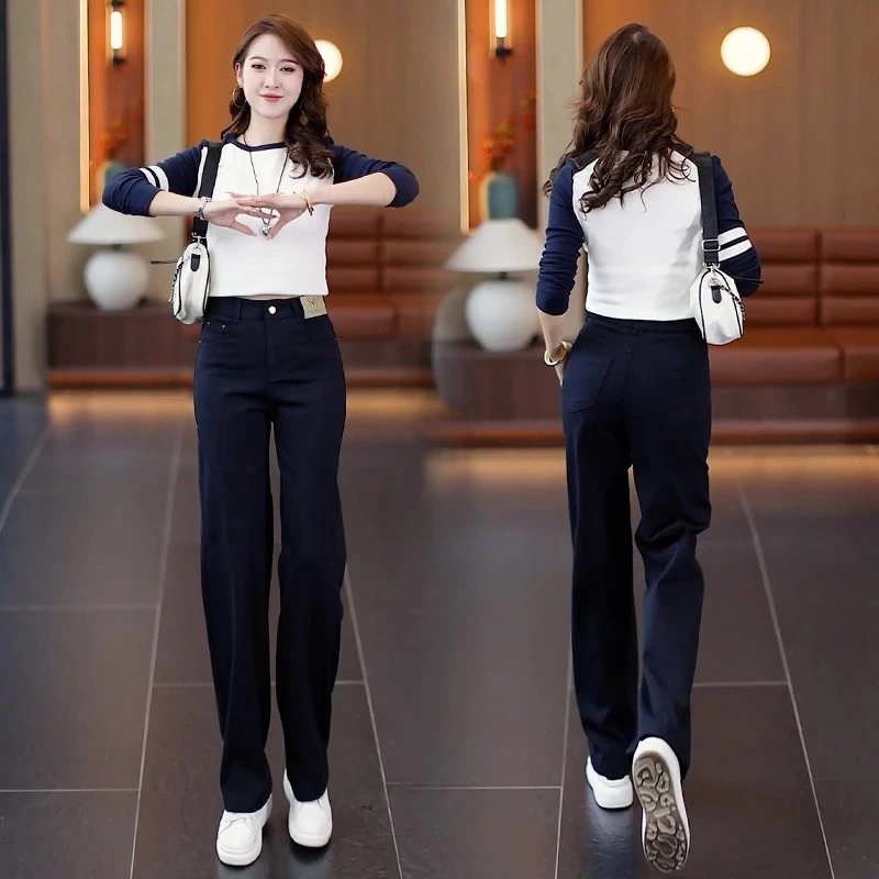 藏青色窄版阔腿牛仔裤女2025春秋季新款百搭高腰显瘦直筒休闲裤子