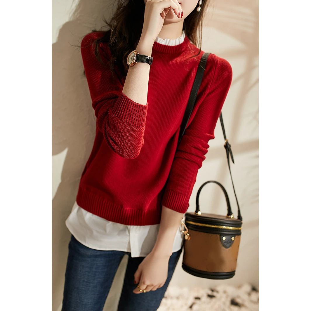 木耳立领针织衫女秋冬新款圣诞红时尚百搭拼接假两件上衣
