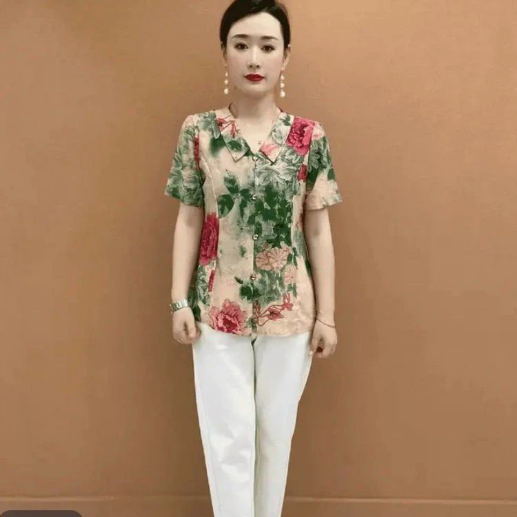 夏季新款娃娃领减龄花色时尚妈妈装洋气短袖上衣