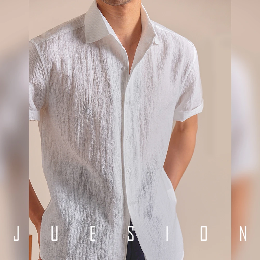 【70%凉感天丝透气】JUESION一片领商务休闲白衬衫男短袖夏季轻薄