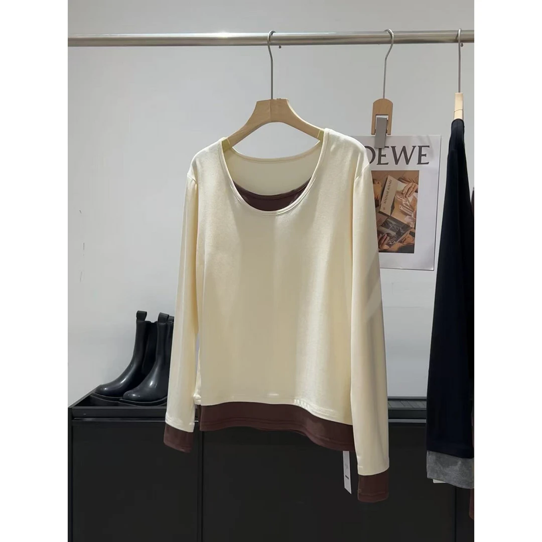 打底必备！软糯垂感 圆领假两件撞色拼接设计百搭洋气长袖T恤