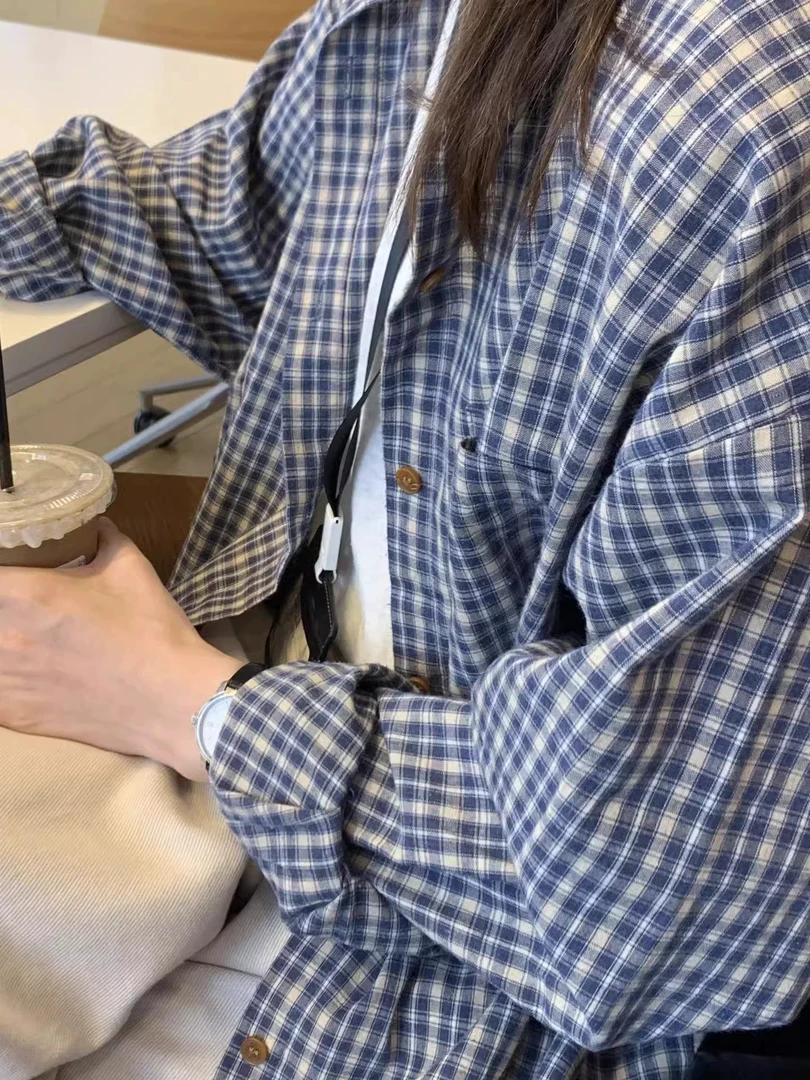 韩版蓝色格子长袖衬衫女早秋女款通勤慵懒风宽松显瘦清冷系衣服