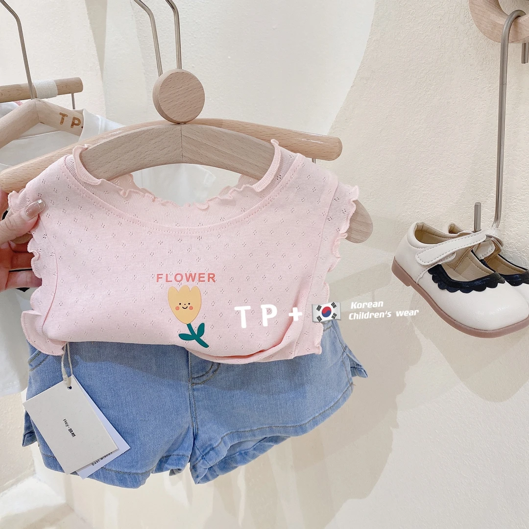 女童背心花边无袖T恤棉透气宝宝卡通吊带上衣2022夏新款批发9476