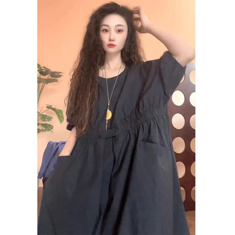 欧洲站2025夏季韩版百搭宽松大码纯色连衣裙女时尚纯色圆领中裙潮