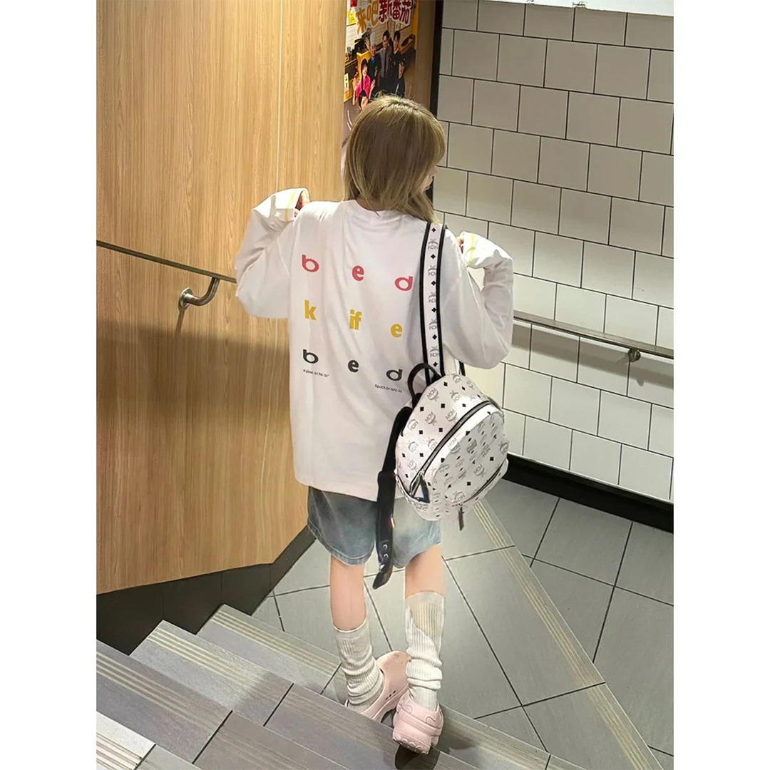 慵懒风韩系高级感t恤女美式彩色不规则线条宽松情侣长袖