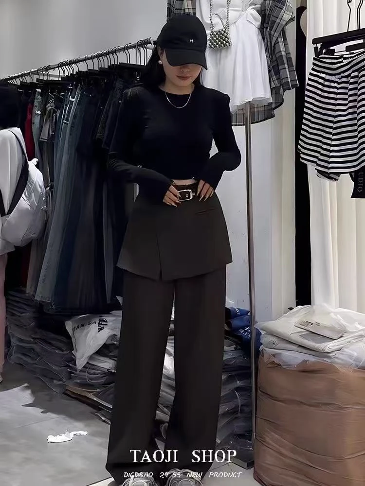 欧货假两件裙裤西装直筒裤717